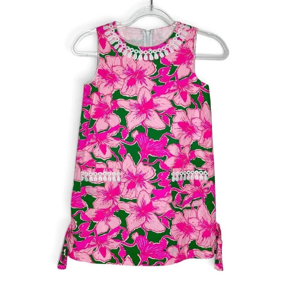 Lilly Pulitzer Classic Cotton Shift Dress Kelly Green Hibis Kiss Girl’s Size 10